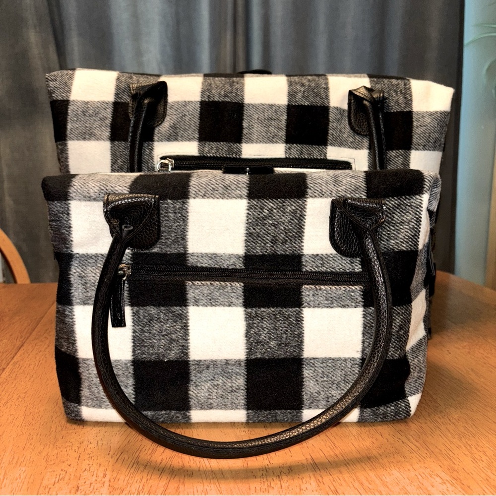 Matching Two Piece Lined Buffalo Check Flannel Purse Tote Overnight Bag Carry On